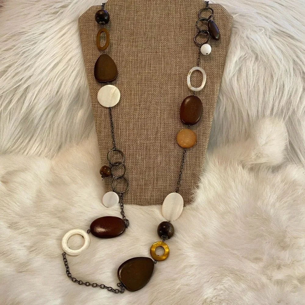 Western‎ Necklace Festival Wood Shell Mixed Media Mother of Pearl Boho Long 6184